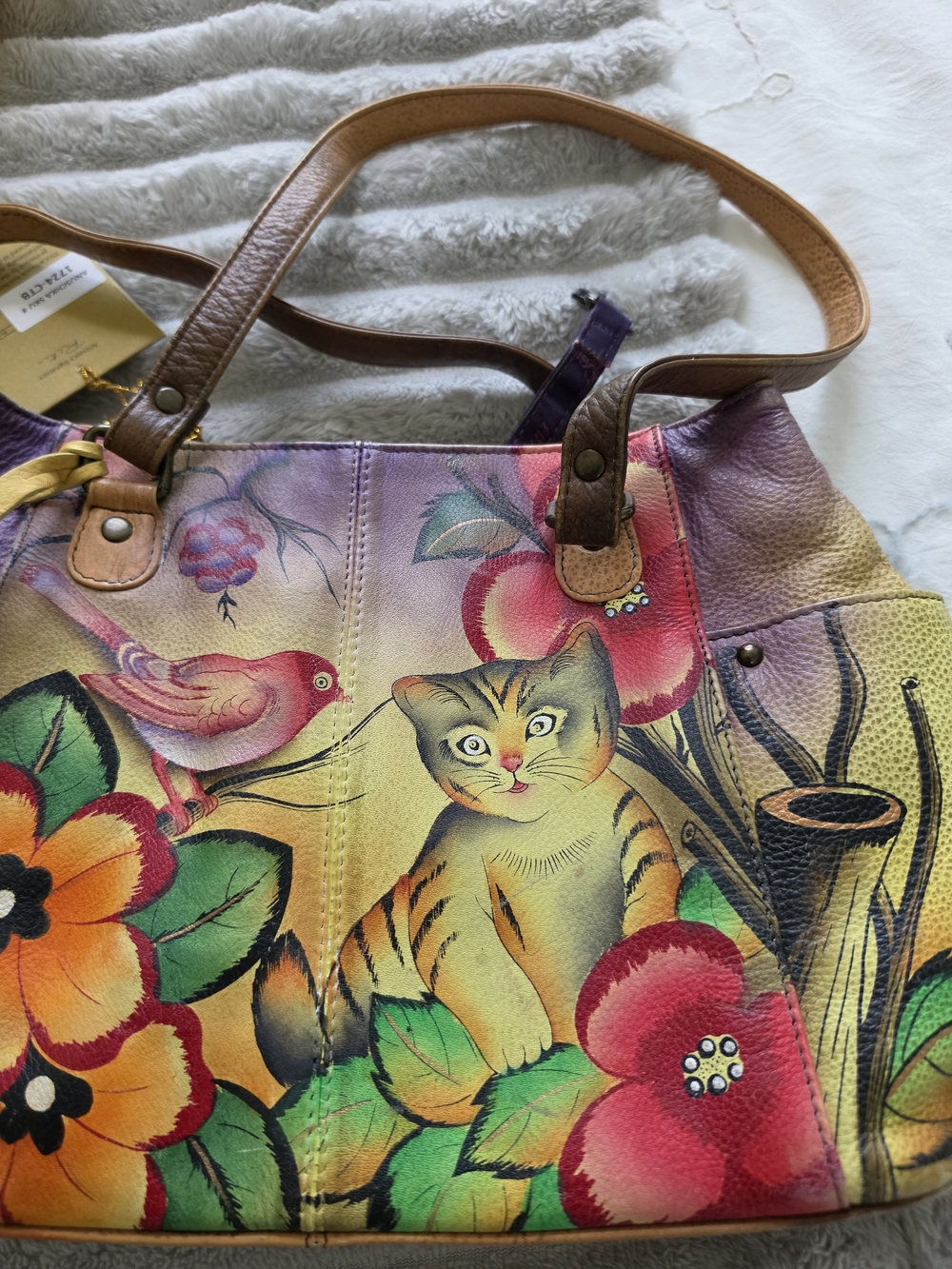 Anuschka Hand-Painted Cat & Floral Shoulder Bag - Multicolor with Brown Straps